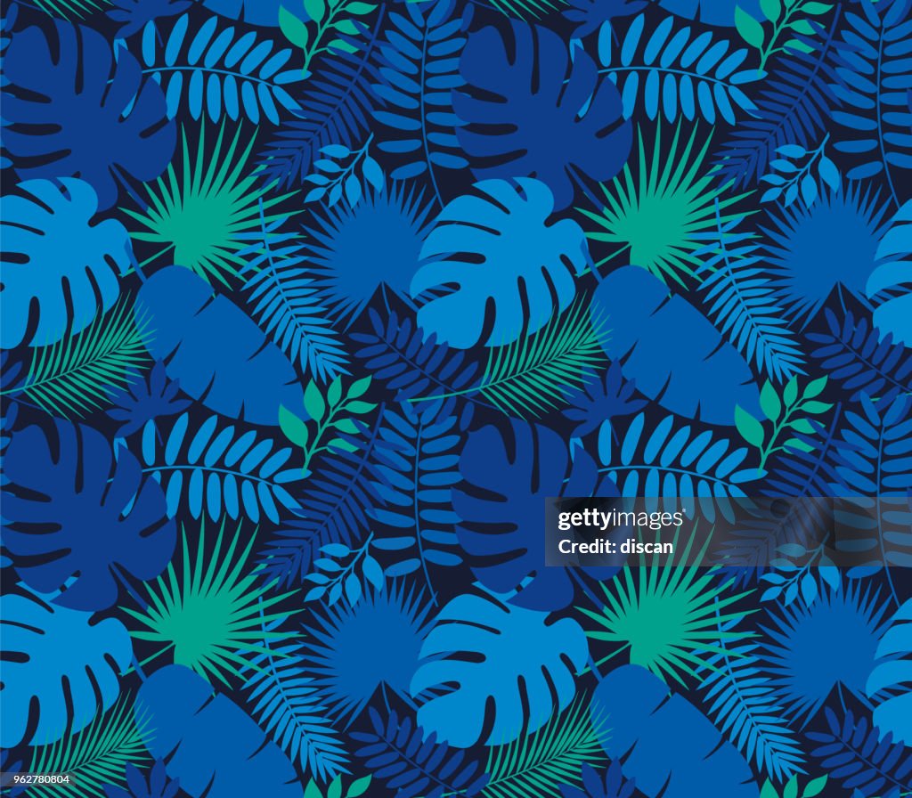 Tropical Leaf Seamless Pattern in Dark Indigo Blue