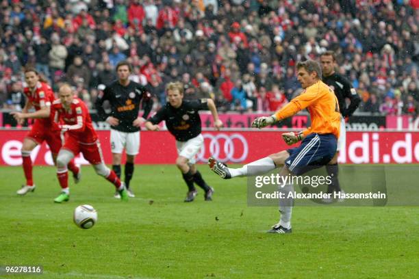 Hans-Joerg Butt of Muenchen missed a penalty shot during the Bundesliga match between FC Bayern Muenchen and FSV Mainz 05 at Allianz Arena on January...