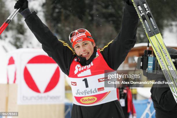 Eric Frenzel of Germany celebrates after winning the Gundersen 10km Cross Country event during day one of the FIS Nordic Combined World Cup on...