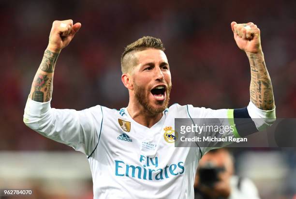 Sergio Ramos of Real Madrid celebrates his side's victory following the UEFA Champions League Final between Real Madrid and Liverpool at NSC...