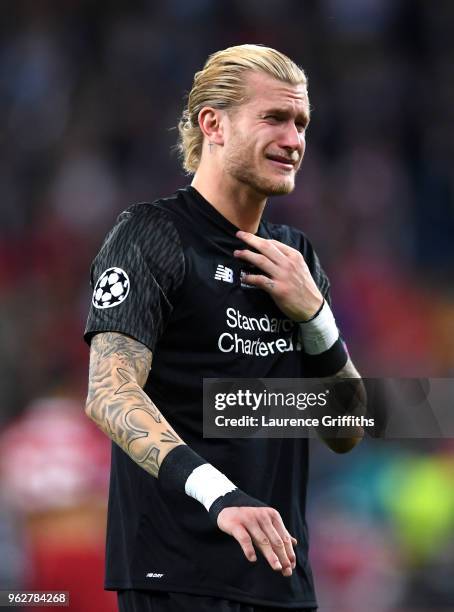 Loris Karius of Liverpool looks dejected following his sides defeat in the UEFA Champions League Final between Real Madrid and Liverpool at NSC...