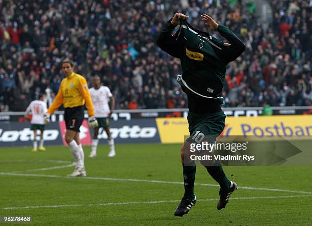 Raul Bobadilla of Moenchengladbach celebrates after scoring his team's fourth goal during the Bundesliga match between Borussia Moenchengladbach and...