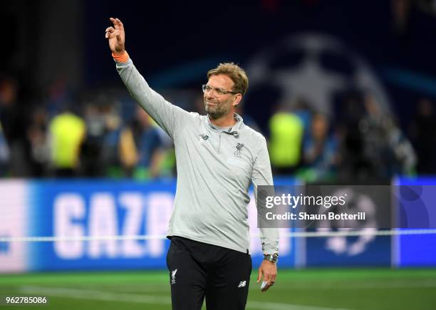 Jurgen Klopp, Manager of Liverpool shows appreciation to the fans following the UEFA Champions League Final between Real Madrid and Liverpool at NSC...
