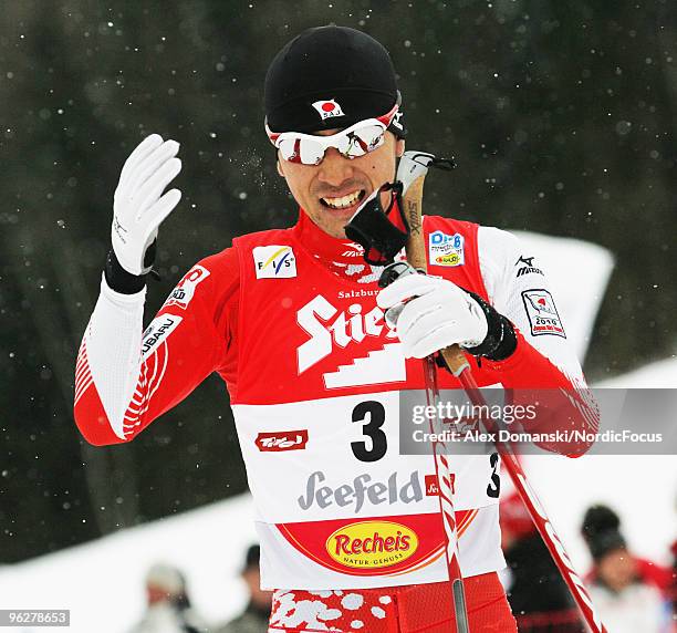 Akito Watabe of Janpan celebrates after taking third place in the Gundersen 10km Cross Country event during day one of the FIS Nordic Combined World...