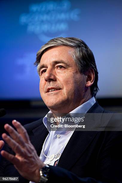 Josef Ackermann, chief executive officer of Deutsche Bank AG, participates in a panel discussion on day three of the 2010 World Economic Forum annual...