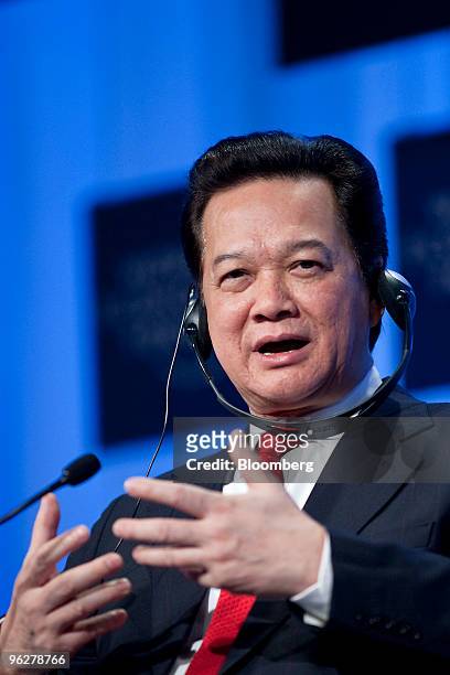 Nguyen Tan Dung, prime minister of Vietnam, speaks during a panel discussion on day three of the 2010 World Economic Forum annual meeting in Davos,...