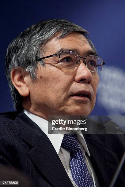 Haruhiko Kuroda, president of the Asian Development Bank, participates in a panel discussion on day four of the 2010 World Economic Forum annual...