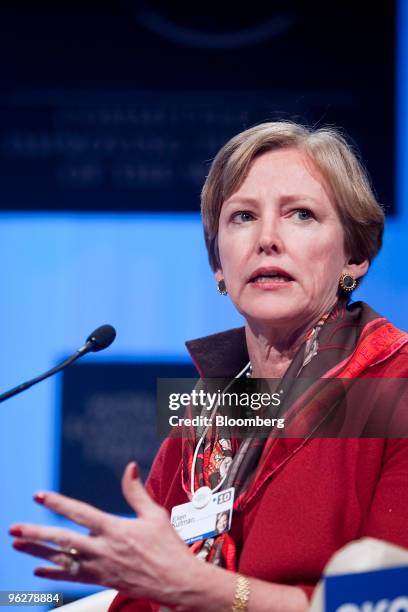 Ellen Kullman, chairman and chief executive officer of DuPont Co., participates in a panel discussion on day three of the 2010 World Economic Forum...