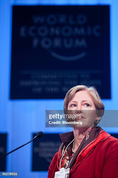 Ellen Kullman, chairman and chief executive officer of DuPont Co., participates in a panel discussion on day three of the 2010 World Economic Forum...