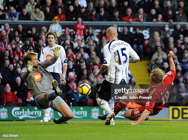 Dirk Kuyt of Liverpool scores a goal during the Barclays Premier League match between Liverpool and Bolton Wanderers at Anfield on January 30, 2010...