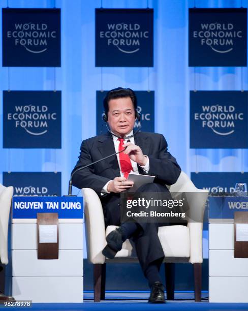 Nguyen Tan Dung, prime minister of Vietnam, speaks during a panel discussion on day three of the 2010 World Economic Forum annual meeting in Davos,...