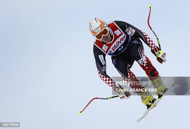 Croatian Ivica Kostelic jumps during the first round of the FIS World Cup Men's Super combined-Downhilll in Wengen on January 15, 2010. AFP PHOTO /...