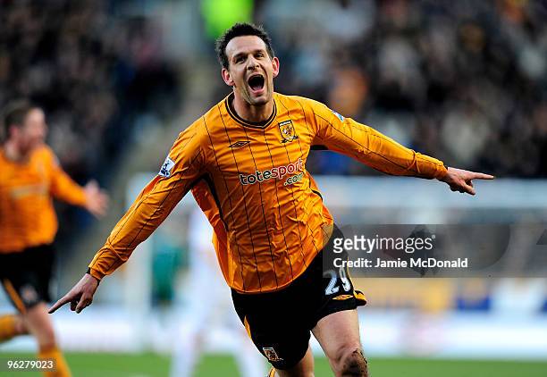 Jan Vennegoor of Hesselink of Hull City celebrates his goal during the Barclays Premier League match between Hull City and Wolverhampton Wanderers at...