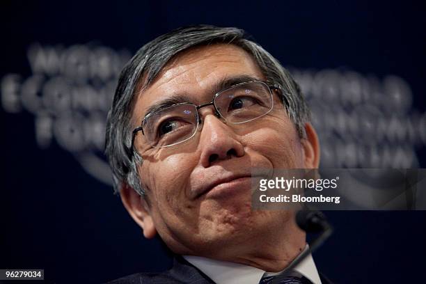 Haruhiko Kuroda, president of the Asian Development Bank, participates in a panel discussion on day four of the 2010 World Economic Forum annual...