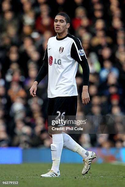 Chris Smalling of Fulham looks on during the Barclays Premier League match between Fulham and Aston Villa at Craven Cottage on January 30, 2010 in...