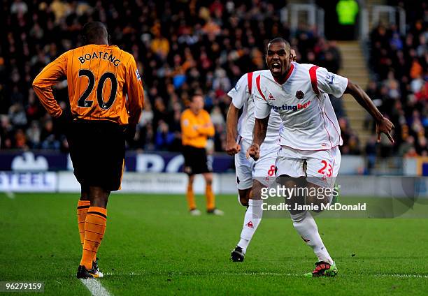 Ronald Zubar of Wolves celebrates his teams equalising goal during the Barclays Premier League match between Hull City and Wolverhampton Wanderers at...