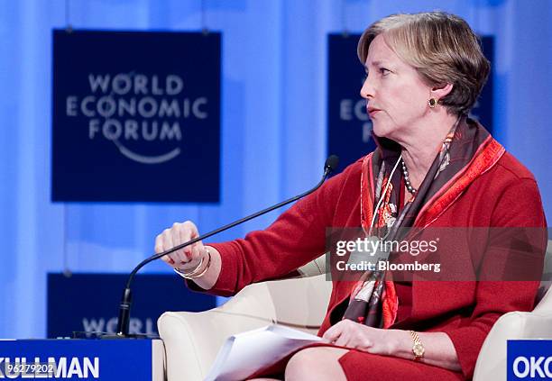 Ellen Kullman, chairman and chief executive officer of DuPont Co., participates in a panel discussion on day three of the 2010 World Economic Forum...