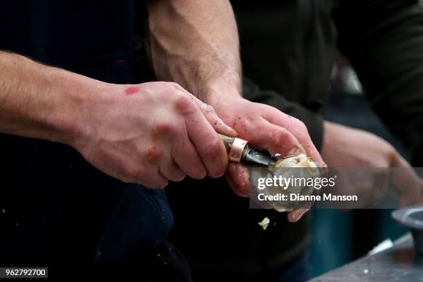 An oyster is shown opened after it has been shucked during the Bluff Oyster & Food Festival on May 26, 2018 in Bluff, New Zealand. The annual event...