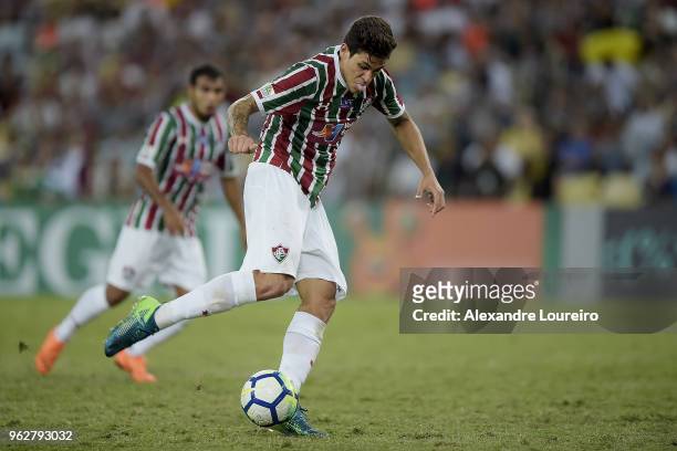 Pedro Santos of Fluminense kicks the ball forscored their second goal during the match between Fluminense and Chapecoense as part of Brasileirao...