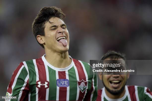 Pedro Santos of Fluminense celebrates their second scored goal with Junior Sornoza during the match between Fluminense and Chapecoense as part of...