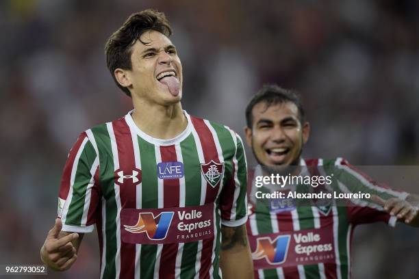 Pedro Santos of Fluminense celebrates their second scored goal with Junior Sornoza during the match between Fluminense and Chapecoense as part of...