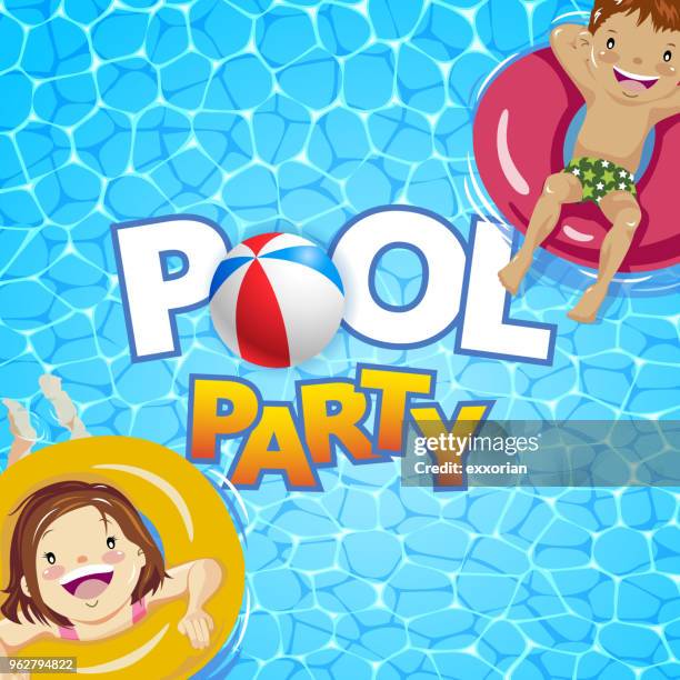 ilustraciones, imágenes clip art, dibujos animados e iconos de stock de parte de los niños - fiesta de piscina