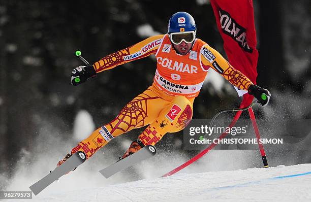 Canada's Manuel Osborne-Paradis competes to win the men's World Cup downhill race in Val Gardena on December 19, 2009. Canada's Manuel...