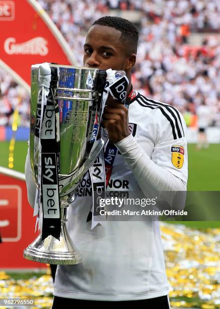 Ryan Sessegnon of Fulham kisses the trophy during the Sky Bet Championship Play Off Final between Aston Villa and Fulham at Wembley Stadium on May...