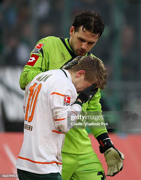 Goalkeeper Logan Bailly of Moenchengladbach is pictured after his foul on Marko Marin of Bremen during the Bundesliga match between Borussia...