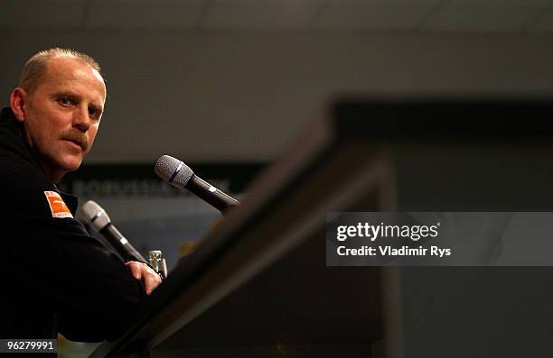 Bremen coach Thomas Schaaf attends the press conference after the Bundesliga match between Borussia Moenchengladbach and SV Werder Bremen at Borussia...