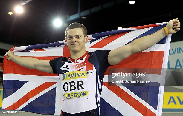 Craig Pickering of Great Britain celebrates winning the 60m during the AVIVA International Match at Kelvin Hall on January 30, 2010 in Glasgow,...