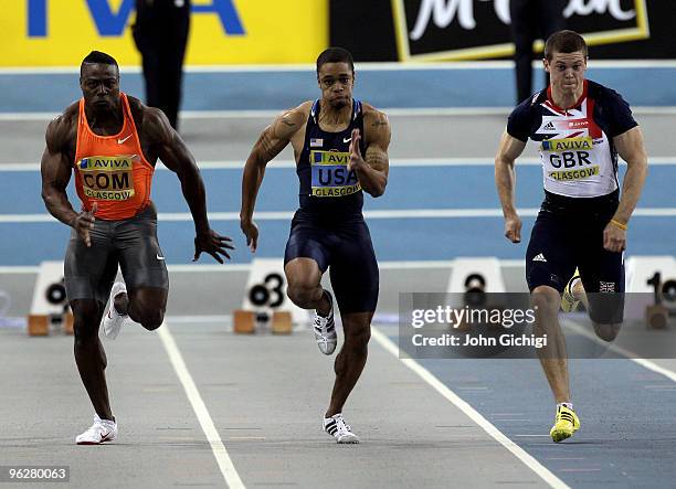Craig Pickering of Great Britain and Northen Ireland edges out his opponents to win the Mens 60M during the Aviva International Athletics Match at...