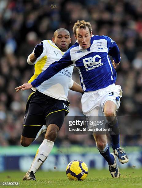 Lee Bowyer of Birmingham City is challenged by Wilson Palacios of Tottenham Hotspur during the Barclays Premier League match between Birmingham City...