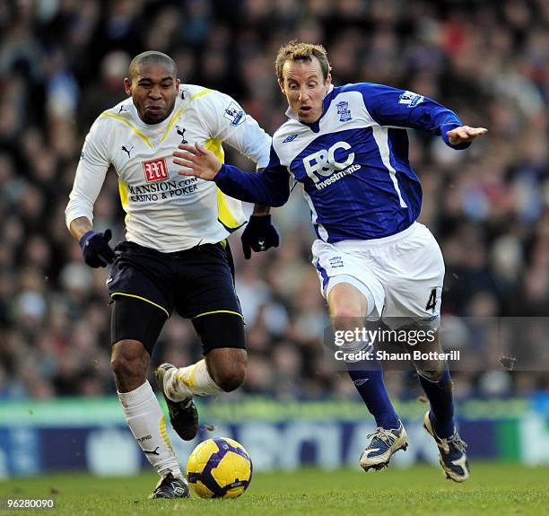 Lee Bowyer of Birmingham City is challenged by Wilson Palacios of Tottenham Hotspur during the Barclays Premier League match between Birmingham City...