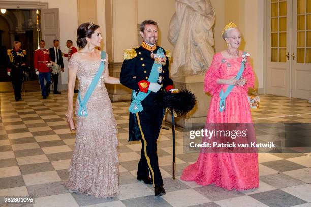 Queen Margrethe of Denmark, Crown Prince Frederik of Denmark and Crown Princess Mary of Denmark during the gala banquet on the occasion of The Crown...