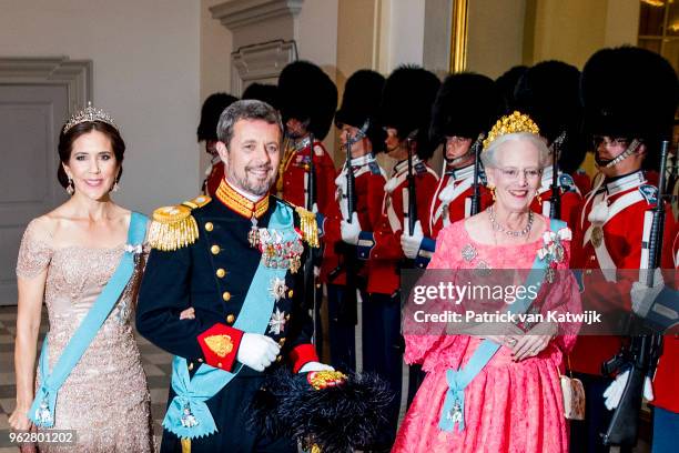 Queen Margrethe of Denmark, Crown Prince Frederik of Denmark and Crown Princess Mary of Denmark during the gala banquet on the occasion of The Crown...