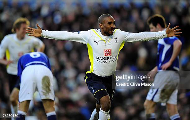 Jermain Defoe of Tottenham celebrates his goal during the Barclays Premier League match between Birmingham City and Tottenham Hotspur at St. Andrews...