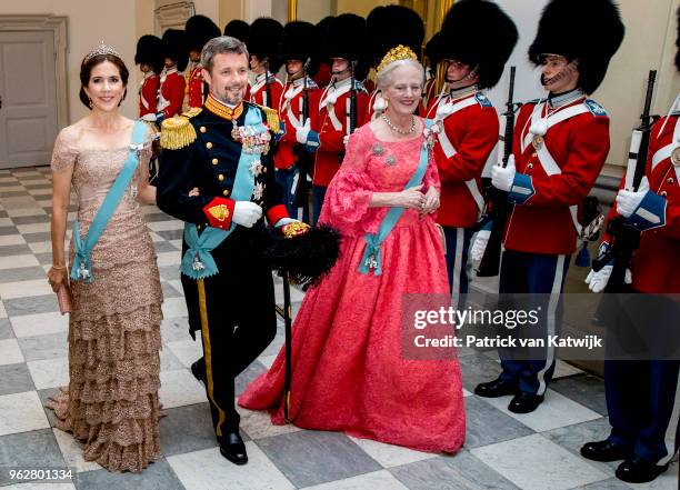 Queen Margrethe of Denmark, Crown Prince Frederik of Denmark and Crown Princess Mary of Denmark during the gala banquet on the occasion of The Crown...