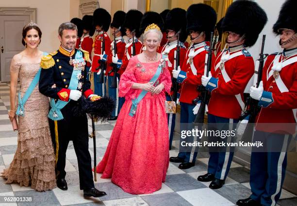 Queen Margrethe of Denmark, Crown Prince Frederik of Denmark and Crown Princess Mary of Denmark during the gala banquet on the occasion of The Crown...