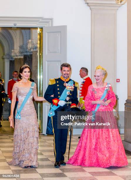 Queen Margrethe of Denmark, Crown Prince Frederik of Denmark and Crown Princess Mary of Denmark during the gala banquet on the occasion of The Crown...