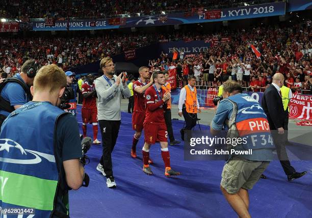 A dejected Jurgen Klopp manager of Liverpool shows his appreciation to the fans at the end of the UEFA Champions League final between Real Madrid and...