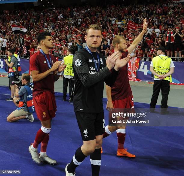 A dejected Simon Mignolet of Liverpool shows his appreciation to the fans at the end of the UEFA Champions League final between Real Madrid and...