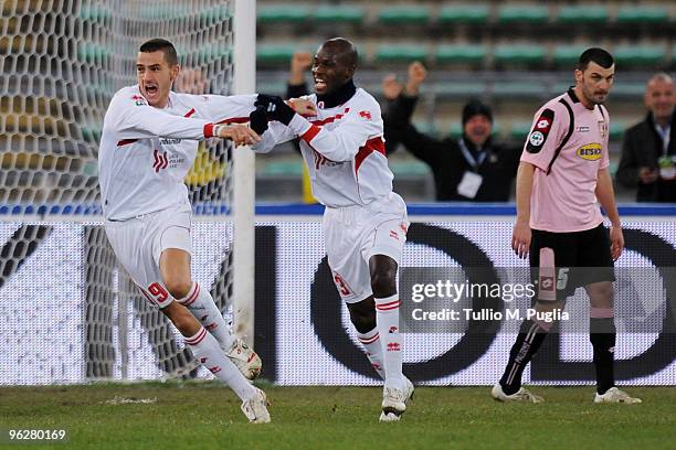Leonardo Bonucci of Bari celebrates the opening goal during the Serie A match between Bari and Palermo at Stadio San Nicola on January 30, 2010 in...