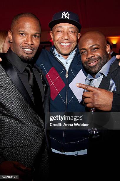 Jamie Foxx, Def Jam co-owner Russell Simmons and Breyon Prescott attend L'Ermitage on January 29, 2010 in Los Angeles, California.