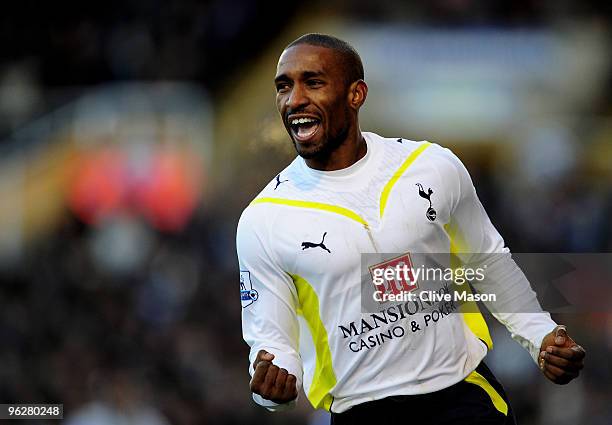 Jermain Defoe of Tottenham celebrates his goal during the Barclays Premier League match between Birmingham City and Tottenham Hotspur at St. Andrews...