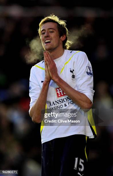 Peter Crouch of Tottenham gestures during the Barclays Premier League match between Birmingham City and Tottenham Hotspur at St. Andrews Stadium on...