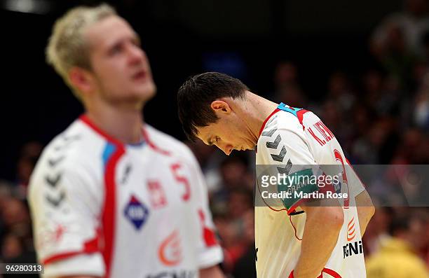Krysztof Lijewski of Poland looks dejected after the Men's Handball European semi final match between Croatia and Poland at the Stadthalle on January...
