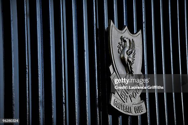 The Liverpool crest on the Shankley Gates during the Barclays Premier League match between Liverpool and Bolton Wanderers at Anfield on January 30,...