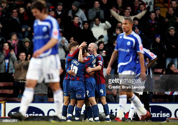 Crystal Palace players celebrate scoring during the Coca-Cola Football League Championship match between Crystal Palace and Peterborough United at...