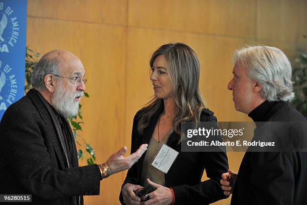 Moderator Jeremy Kagan, DGA feature film director nominees Kathryn Bigelow and James Cameron attend the 62nd Annual Directors Guild Of America Awards...
